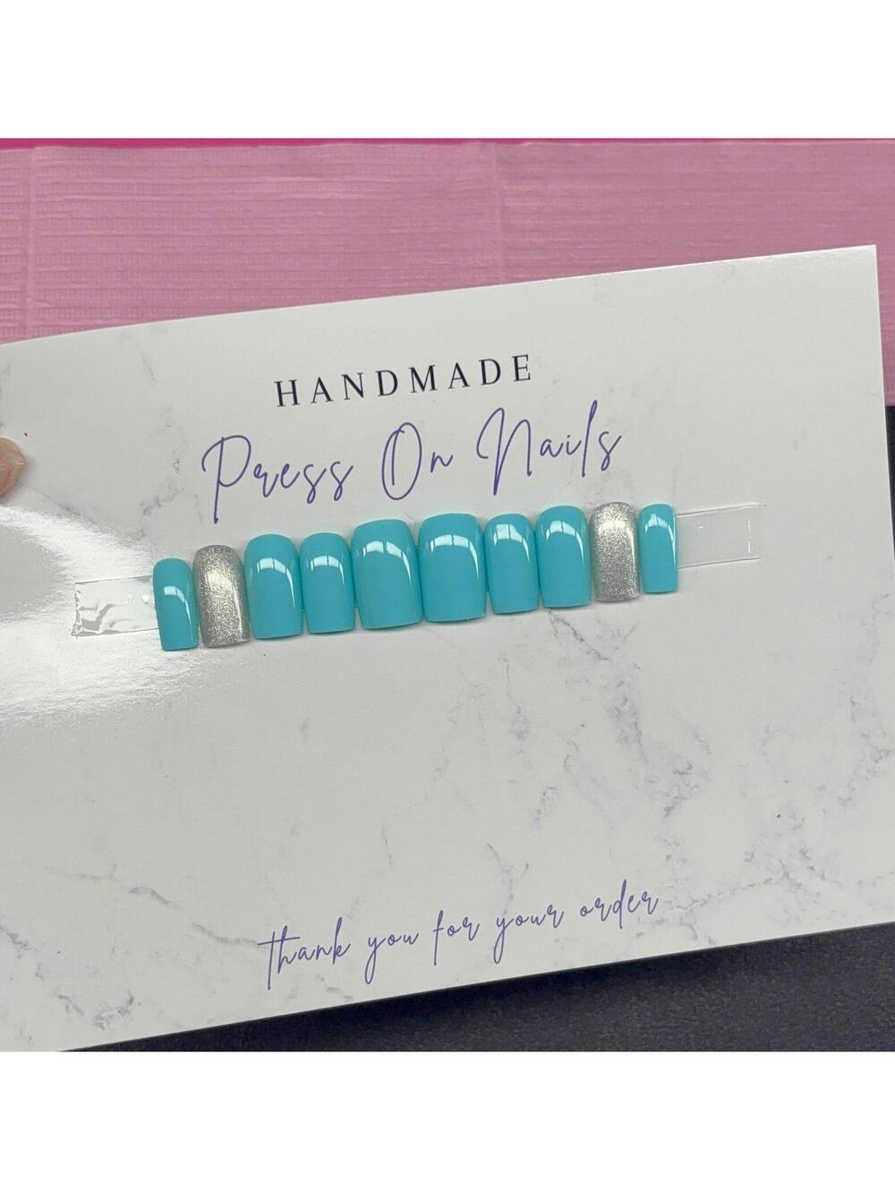 Short square Press on nails silver glitter teal light blue handmade custom gel - Picture 4 of 8